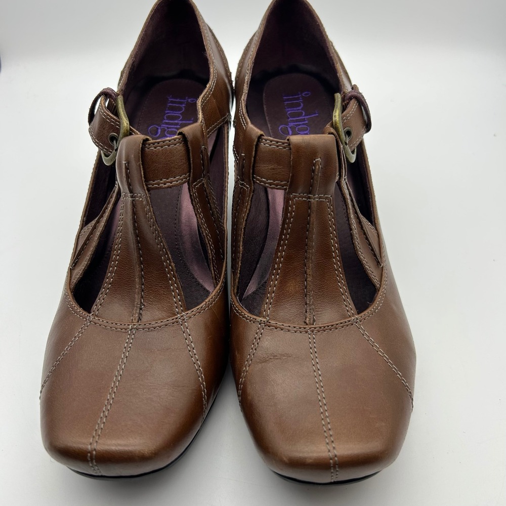Indigo by Clarks Brown Leather T-Strap Mary Jane Block Heel Pumps 85950 Size 9M